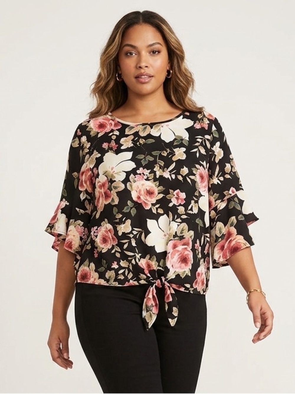 Watermelon Floral Ruffle Sleeve Women's Top - Black with Roses
